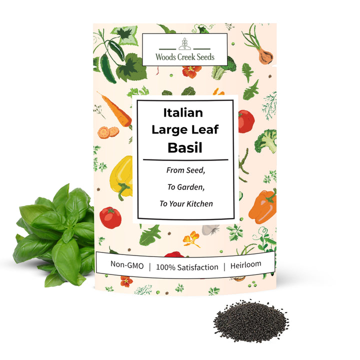 Italian Large Leaf Basil Seeds from Woods Creek Seeds – heirloom-quality seed packet for home gardeners