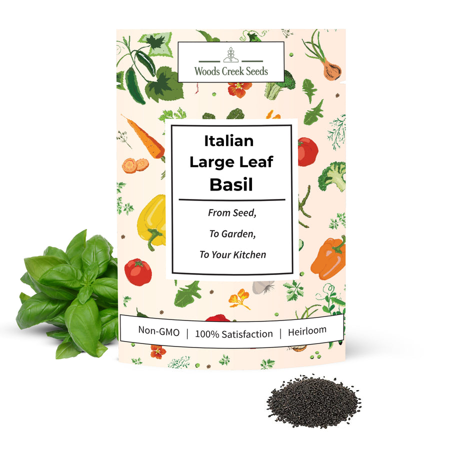 Italian Large Leaf Basil Seeds from Woods Creek Seeds – heirloom-quality seed packet for home gardeners